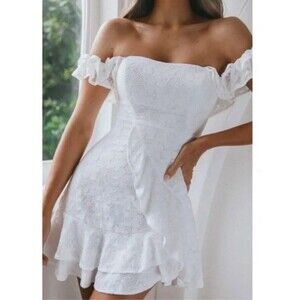 Selfie Leslie Verona Off-Shoulder Ruffle Mini Dress Sz 12/L White Lace Lined